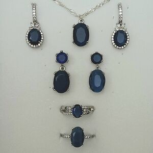 White Gold Plated And Lab Sapphire Jewelry Set 2 Rings 2 Earring Sets